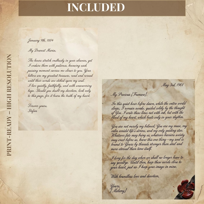 May include: Print-ready, high-resolution vintage-style letter set. The set includes two aged paper letters with handwritten text, dated 1884 and 1901. The letters feature elegant script and a decorative seal, perfect for romantic or historical themes.