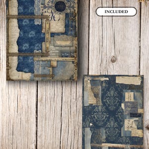 May include: Two vintage-style journals with a blue and white color scheme. The journals feature torn paper, lace, and decorative elements. One journal has the word "INCLUDED" on it.