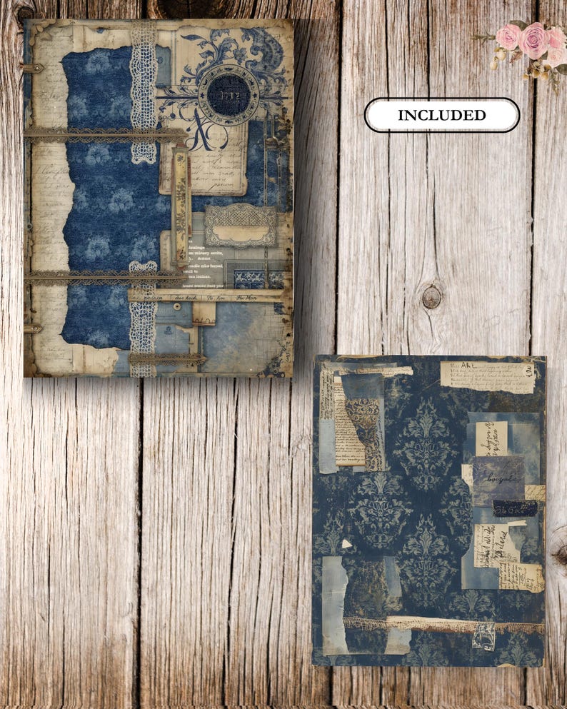 May include: Two vintage-style journals with a blue and white color scheme. The journals feature torn paper, lace, and decorative elements. One journal has the word "INCLUDED" on it.
