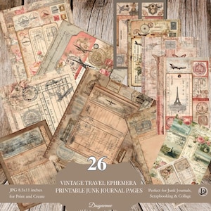 Vintage Travel Junk Journal Set | Printable Ephemera Pages with Postmarks, Tickets | Digital Paper for Scrapbooking & Collage
