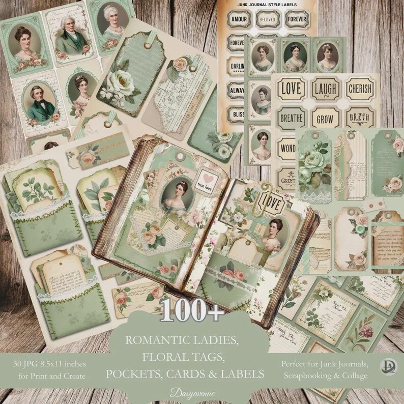 Green Shabby Chic Junk Journal Bundle, Vintage Ephemera Papers, Tags ...