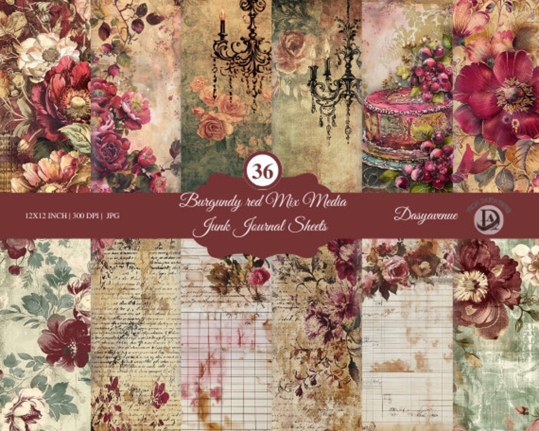 36 Burgundy Red Vintage Junk Journal Pages | Printable Scrapbooking ...