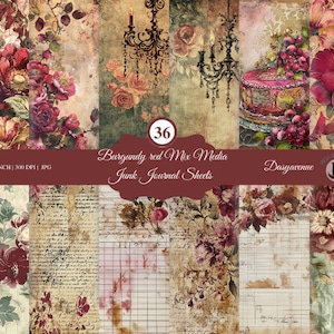 36 pages de journal indésirable vintage rouge bordeaux | Papier de scrapbooking imprimable | Ephémère numérique pour travaux manuels et journaux