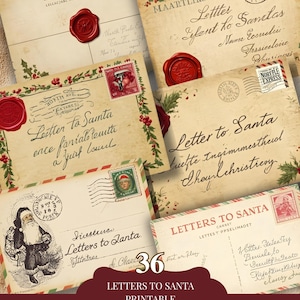 Op de afbeelding: Een verzameling vintage-stijl printbare kerstpostkaarten met de tekst "Letters to Santa". De ansichtkaarten hebben verouderd papier, rode zegelwas, postzegels en handschrift. De afbeelding bevat de tekst "36 Letters to Santa Printable Christmas Postcards".