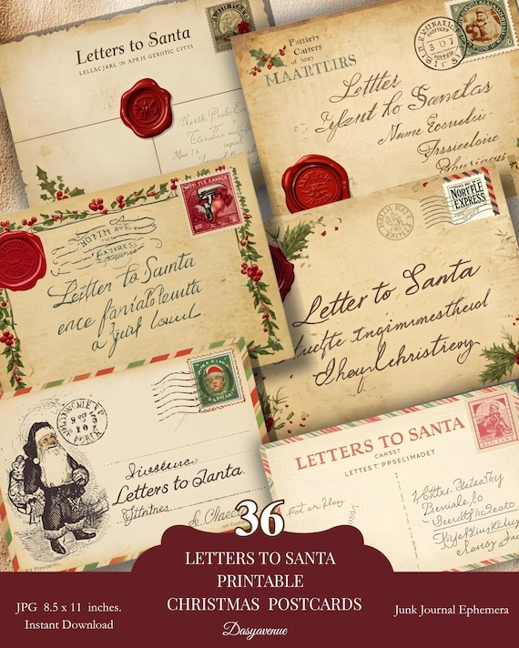 Letters to Santa Printable | Vintage Christmas Ephemera, Junk Journal Pages, Holiday Postcards & Envelopes, Scrapbooking Paper