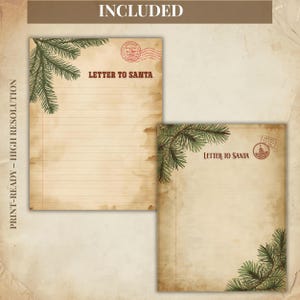 May include: Two sheets of stationery with a vintage design. The paper has a tan background with a distressed look. The text "LETTER TO SANTA" is printed in red, along with a red postage stamp graphic and green pine branches.