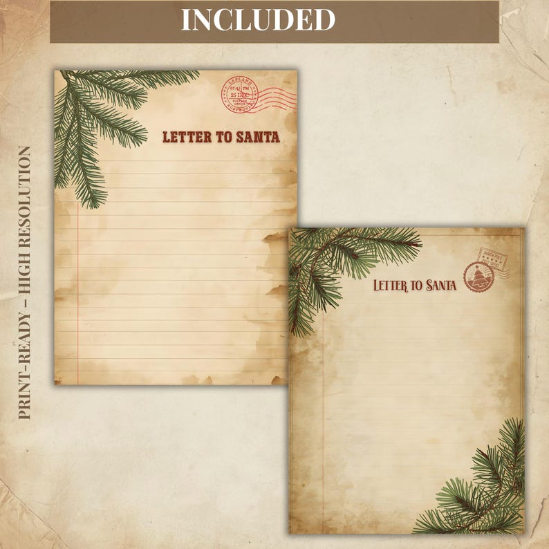 May include: Two sheets of stationery with a vintage design. The paper has a tan background with a distressed look. The text "LETTER TO SANTA" is printed in red, along with a red postage stamp graphic and green pine branches.