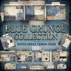 Puede incluir: Una colección digital de tarjetas con pestañas en azul grunge que presenta efímeros vintage, incluyendo páginas de contabilidad, sellos postales, mapas y detalles de encaje negro. El texto dice BLUE GRUNGE COLLECTION, MATCH SERIES TABBED CARDS, 100+ y DASYAVENUE.
