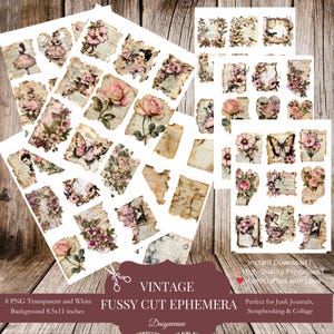 Vintage kieskeurig gesneden ephemera, afdrukbare uitgesneden rozen en verouderd papier, junk journal set, shabby chic plakboek png, digitaal collageblad
