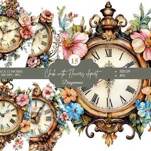 Relógio antigo com clipart de design floral | Relógio vintage com flores | Clipart de aquarela | Gráficos digitais para scrapbooking