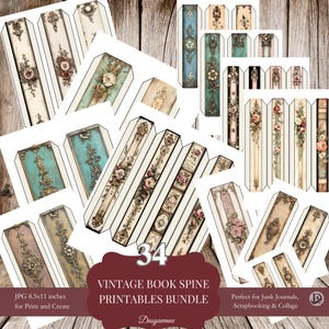 83 Etichette per il dorso di libri vintage stampabili per diari di scarto - Etichette per il dorso antico per scrapbooking, collage e fai da te