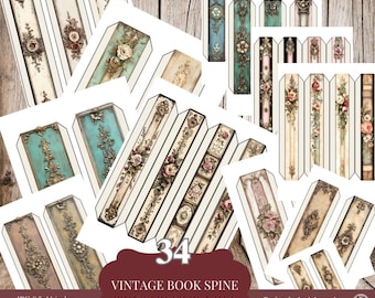 May include: A set of 34 printable vintage book spine designs in various colors and patterns, including floral, ornate, and geometric motifs. The designs are perfect for adding a touch of vintage charm to junk journals, scrapbooking, and collage projects. The image includes the text "Vintage Book Spine Printables Bundle".