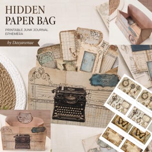 May include: A hidden paper bag filled with printable junk journal ephemera. The bag is decorated with vintage-style illustrations, including a typewriter and invoice. Assorted paper elements and decorative labels are visible.