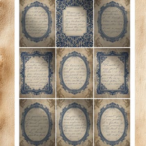 May include: Nine vintage-style cards with handwritten text in ornate blue frames on a beige background. The cards have a decorative floral pattern and the word "INCLUDED" at the top. The bottom of the image has the text "Dasyavenue".
