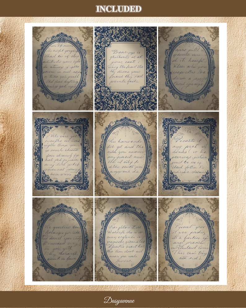May include: Nine vintage-style cards with handwritten text in ornate blue frames on a beige background. The cards have a decorative floral pattern and the word "INCLUDED" at the top. The bottom of the image has the text "Dasyavenue".