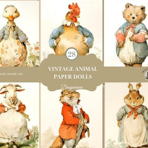 Bonecas de papel de animais vintage para scrapbooking, diários de lixo e artesanato de fazenda - Kit de itens efêmeros para impressão, ilustrações de animais vintage