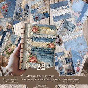 Conjunto de diário vintage jeans - 32 páginas para impressão com texturas de renda, rosas e tecido azul para scrapbooking, páginas para impressão, estilo Shabby Chic