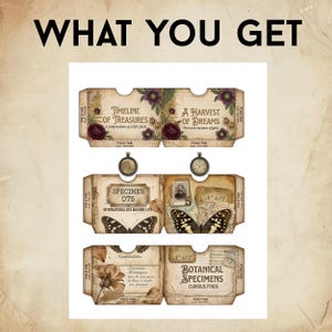 May include: A printable sheet featuring three sets of foldable paper pockets with vintage-style graphics, including floral motifs, butterfly illustrations, pocket watch images, and text such as Timeline of Treasures and Botanical Specimens.