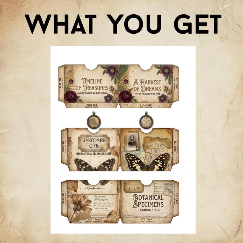 May include: A printable sheet featuring three sets of foldable paper pockets with vintage-style graphics, including floral motifs, butterfly illustrations, pocket watch images, and text such as Timeline of Treasures and Botanical Specimens.