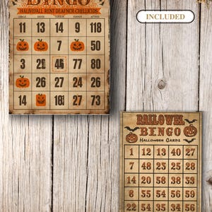 Puede incluir: Dos tarjetas de bingo rectangulares con tem&aacute;tica de Halloween y aspecto de papel envejecido. La tarjeta m&aacute;s grande presenta el texto CARNIVAL BINGO e ilustraciones de calabazas, mientras que la m&aacute;s peque&ntilde;a muestra RALLOWEL BINGO.