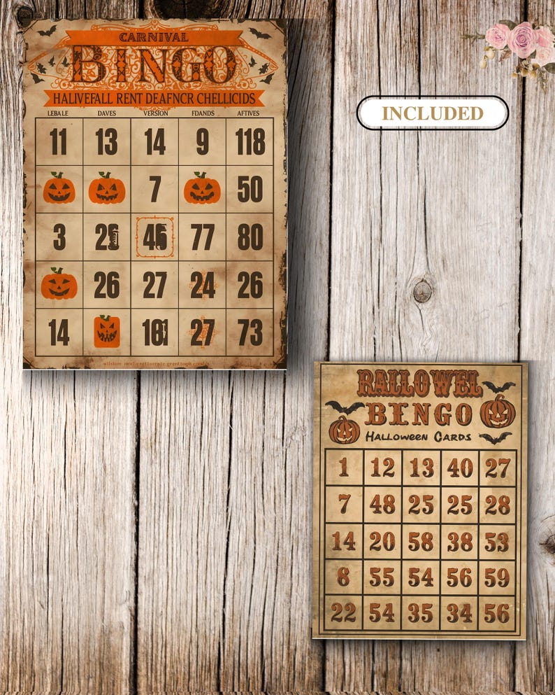 Puede incluir: Dos tarjetas de bingo rectangulares con tem&aacute;tica de Halloween y aspecto de papel envejecido. La tarjeta m&aacute;s grande presenta el texto CARNIVAL BINGO e ilustraciones de calabazas, mientras que la m&aacute;s peque&ntilde;a muestra RALLOWEL BINGO.