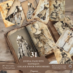 Rustic Dress Form Pack | 31 Vintage Junk Journal Pages | Mannequin Collage, Book Paper Dresses, Art Journal Vintage Sewing Collage Paper
