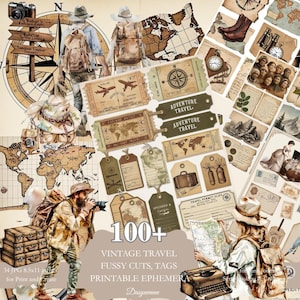 Recortes de viagem vintage, itens efêmeros para impressão para diário de viagem, etiquetas de aventura, ingressos, bússola, bagagem, recortes de mapa, elemento de aventura