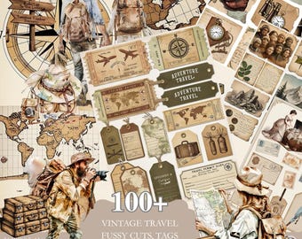 Vintage Travel Fussy Cuts, Printable Ephemera for Junk Journal, Adventure Tags, Tickets, Compass, Luggage, Map Cutouts, Adventure element
