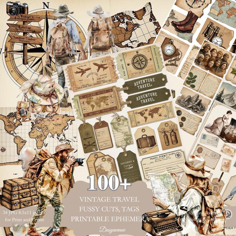 Vintage Travel Clusters, Printable Ephemera for Junk Journal, Adventure ...
