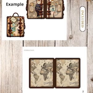 May include: A vintage-style junk journal with a brown suitcase design. The journal features a world map and travel-themed ephemera. The cover includes the word "Example". The journal is shown open and closed, with the word "Included" on the side.
