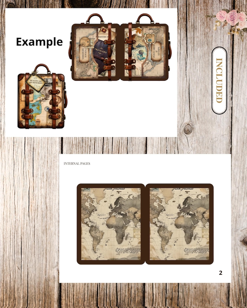 May include: A vintage-style junk journal with a brown suitcase design. The journal features a world map and travel-themed ephemera. The cover includes the word "Example". The journal is shown open and closed, with the word "Included" on the side.