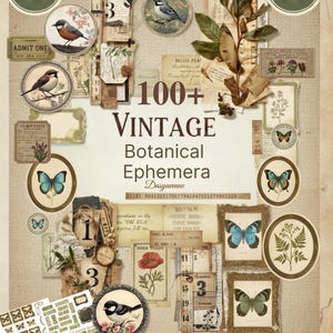 May include: A collection of vintage botanical ephemera, featuring illustrations of birds and butterflies, framed botanical prints, and aged paper elements. The image includes the text "100+ VINTAGE Botanical Ephemera".