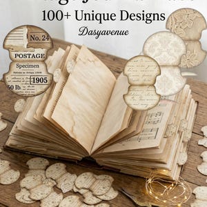 Könnte beinhalten: Ein offenes Vintage-Journal mit gealterten Seiten und dekorativen Tabs. Die Tabs weisen verschiedene Designs auf, darunter Briefmarkenmotive und gemusterte Stile. Auf den Tabs steht "Vintage Journal Tabs" und "100+ Unique Designs". Eine Schere und Lichterketten sind ebenfalls vorhanden.