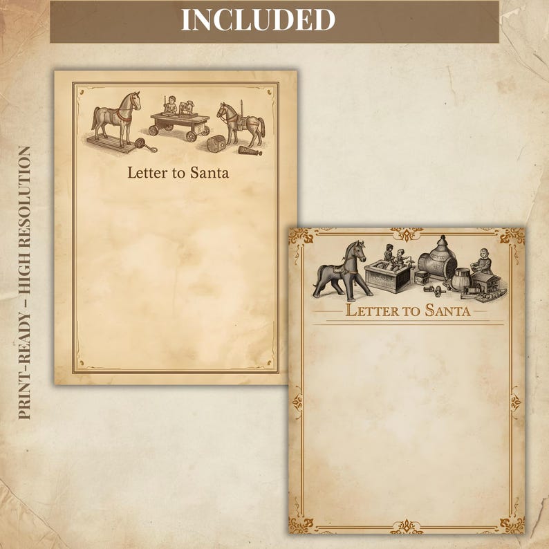 May include: Two sheets of stationery with a vintage design. The larger sheet features illustrations of antique toys and the text "Letter to Santa." The smaller sheet has a similar design. The paper has a sepia tone.