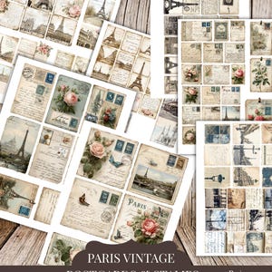Peut inclure: Ensemble de cartes postales et timbres de style vintage sur le thème de Paris. Les cartes postales présentent la Tour Eiffel, des compositions florales et des timbres anciens. Le texte "PARIS VINTAGE POSTCARDS & STAMPS" est visible. L'image mesure 21,59 cm x 27,94 cm.