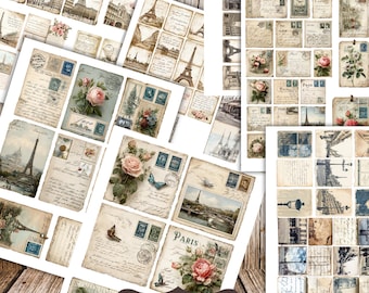 May include: A collection of vintage-style postcards and stamps featuring Parisian imagery. The postcards showcase the Eiffel Tower, floral arrangements, and antique stamps. The text "PARIS VINTAGE POSTCARDS & STAMPS" is visible. The image is 8.5x11 inches.