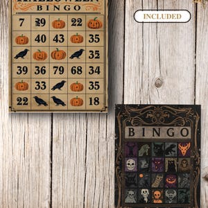 Puede incluir: Dos tarjetas rectangulares de juego de bingo de Halloween. La tarjeta superior es de color canela con texto negro que dice HALLOWEEN BINGO, con una cuadr&iacute;cula de n&uacute;meros, calabazas naranjas y cuervos negros. La inferior es negra con BINGO.