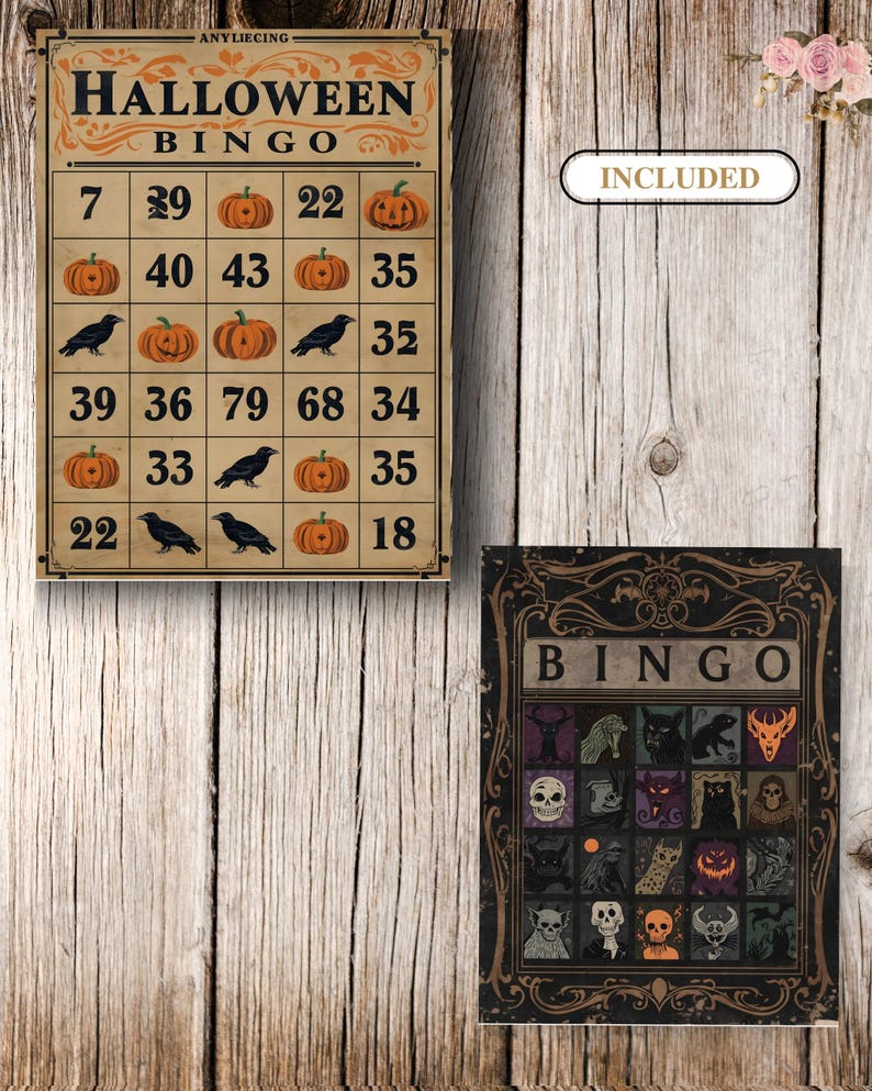Puede incluir: Dos tarjetas rectangulares de juego de bingo de Halloween. La tarjeta superior es de color canela con texto negro que dice HALLOWEEN BINGO, con una cuadr&iacute;cula de n&uacute;meros, calabazas naranjas y cuervos negros. La inferior es negra con BINGO.