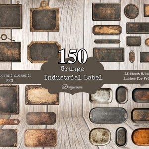 Ovales Set Emailleplatten in Sepia, industrielle Metalletiketten, A4-Format für Grafikdesign, digitale Elemente im Vintage-Stil, industrielle Tags
