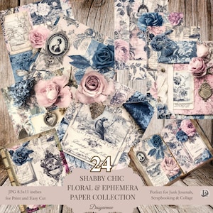 Paquete de papel digital vintage: 24 fondos florales y efímeros de estilo shabby chic, papel para álbumes de recortes imprimible, páginas de diario basura, arte de collage