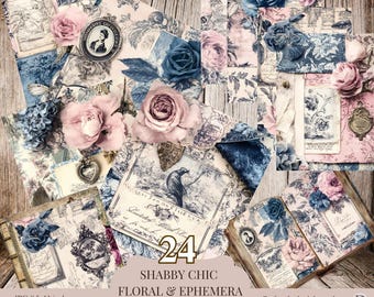 Vintage Digital Paper Pack – 24 Shabby Chic Floral & Ephemera Backgrounds, Printable Scrapbook Paper, Junk Journal Pages, Collage Art