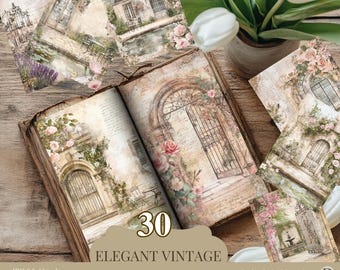 Vintage Garden Junk Journal Pages – Printable Digital Set with French Architecture, Floral Designs & Ephemera for Scrapbooking