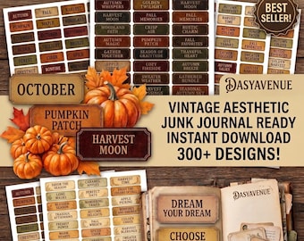 Puede incluir: Una colección de etiquetas de palabras para junk journal imprimibles con texto temático de otoño como October, Pumpkin Patch y Harvest Moon. El conjunto incluye varias hojas de pegatinas rectangulares en tonos marrones, naranjas y verdes, junto a un libro abierto.