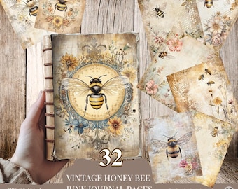 Vintage Bee Junk Journal Pages – Printable Honeycomb Ephemera, Cottage core Scrapbook Set, Shabby Chic Writing Paper, Instant Download