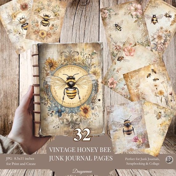 Vintage Bee Junk Journal Pages – Printable Honeycomb Ephemera, Cottage core Scrapbook Set, Shabby Chic Writing Paper, Instant Download