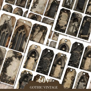 Peut inclure: Une collection de plus de 60 étiquettes imprimables présentant des motifs gothiques vintage avec des fenêtres en arc, des textures de pierre, des vignes grimpantes et des éléments en papier vieilli, avec le texte 60+ GOTHIC VINTAGE TAGS.