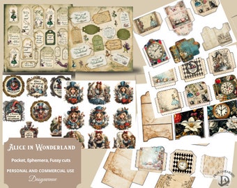 Alice in Wonderland Junk Journal Pocket, Fussy cut, Ephemera,  18 Sheets Digital Download - Perfect for Junk Journal, Scrapbooking, DYI