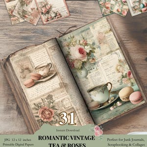 Vintage Tea Roses Junk Journal Pages, Shabby Chic Printable Ephemera, Cottagecore Scrapbooking Kit, Instant Download Digital Papers