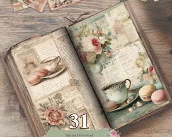 Vintage Tea Roses Junk Journal Pages, Shabby Chic Printable Ephemera, Cottagecore Scrapbooking Kit, Instant Download Digital Papers
