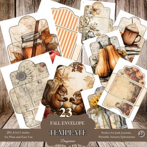 May include: A collection of 23 fall-themed envelope templates. The designs feature watercolor illustrations of pumpkins, squirrels, sunflowers, and autumn leaves. The envelopes are printed on white paper and are 8.5 x 11 inches. The text on the image says "Fall Envelope Template".